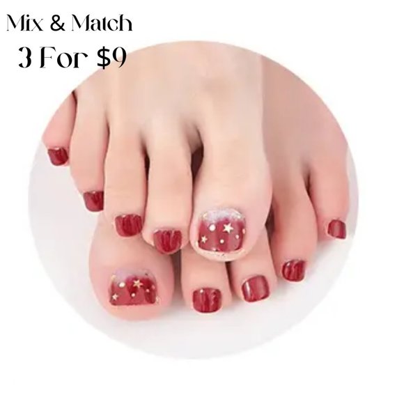 22 Pedicure Wraps 5 𝐅𝐨𝐫 $𝟗 Karma Design Deep Red Gold Stars Moons NEW - Picture 2 of 3